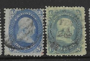 1861 2 - 1c BLUE FRANKLINS (63) USED $90 SHADES