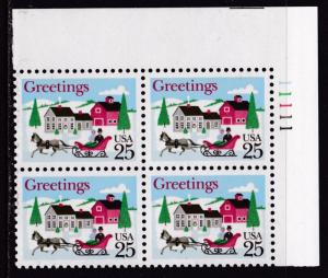 United States 1988 Christmas Issue  Plate Nr.Block of Four VF/NH Sleigh Village