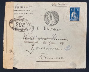 1916 Madeira Portugal Censored Commercial Cover To Lausanne Switzerland