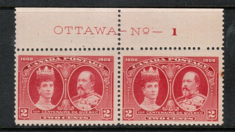 Canada #98 Mint Plate #1 Very Fine Never Hinged Pair - Trivial Tone Spot