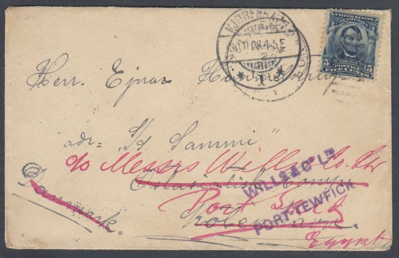 US 1908 Sc 304 to DENMARK then forwarded to EGYPT