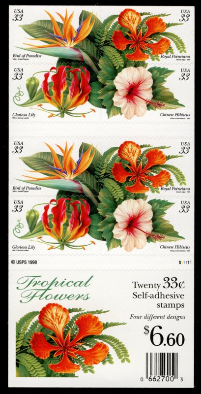 US #3310 -3313. TROPICAL FLOWERS, BOOKLET PANE of 20, VF/XF mint never hinged...