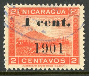 Nicaragua 1901 Momotombo 1¢ on 2¢ (Black OP) Maxwell  # 197R VFU W36