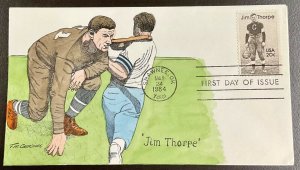 2089 Geerlings Hand painted Add on Cachet Jim Thorpe, Football FDC  1984