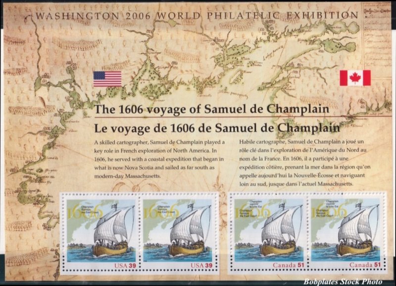 BOBPLATES #4074 de Champlain Voyage Sheet of 4 VF NH SCV=$8.5