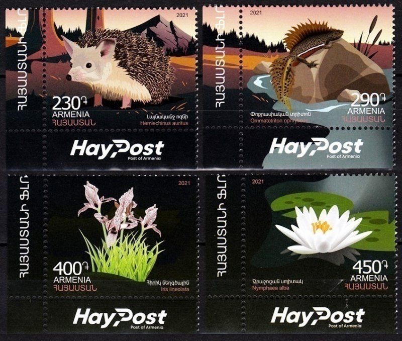 ARMENIA 2021-35 Flora and Fauna. Hedgehog, Newt and Flowers. HayPost CORNER, MNH