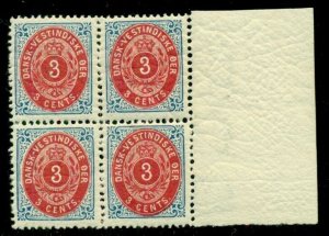 DANISH WEST INDIES #17,a (15,v) 3¢ bicolor, p.13 Margin Blk of 4 w/NORMAL FRAME