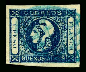 ARGENTINA 1859 Buenos Aires LIBERTY HEAD 1p indigo - blurred prt Sc# 10b used XF