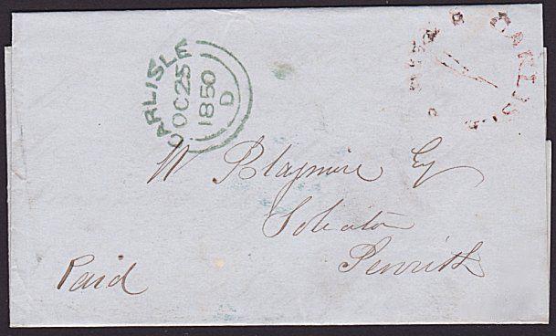 GB 1850 Folded entire CARLISLE / 1 / PAID in red to Penrith.................6423