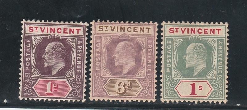 ST VINCENT 1904 KEVII 1D 6D AND 1/- WMK MULTI CROWN CA