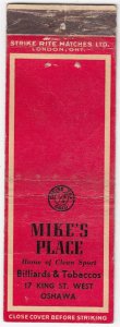 Canada Revenue 1/5¢ Excise Tax Matchbook MIKE'S PLACE Oshawa, Ont.