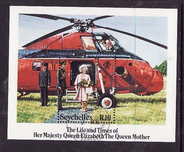 Seychelles-Sc#571- id7-used sheet-Queen Mother-85th birthday-1985-