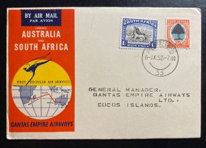 1952 Johannesburg South Africa First Flight Airmail Cover To Cocos Island