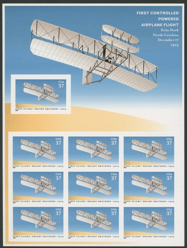 USA 3783 - First Flight Centennial pane of 10 self adhesives - post office fresh