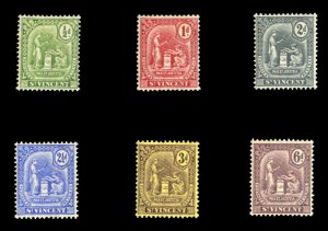 St. Vincent #98-103 Cat$45.50, 1909-11 1/2p-6p, set of six, hinged, pen notat...