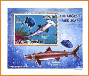 A6615 - SAO TOME & PRINCIPE, Error, 2009, MISSPERF SOUVENIR S: Sharks, Jellyfish