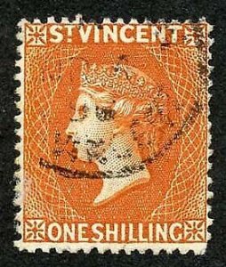 St Vincent SG58 1/- Orange wmk crown CA Very Fine used Cat 18 pounds