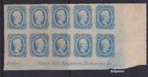 BOBPLATES Confederate States #12 Block of 10 Imprint Plate 3 VF Unused No Gum