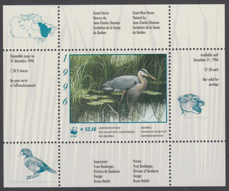 Canada- #QW9A 1996 Quebec Wildlife Conservation Stamp WWF O/P Sheet Only