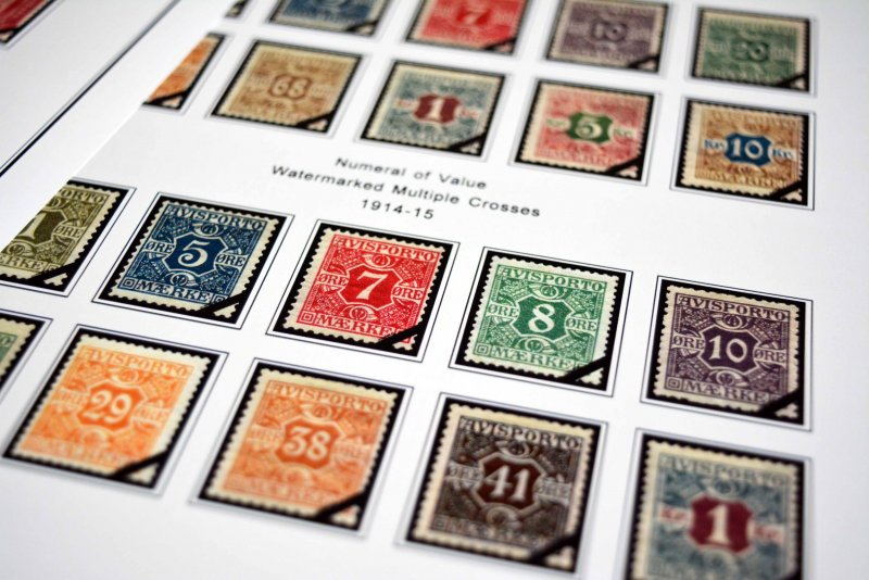 COLOR PRINTED DENMARK [CLASS] 1851-1955 STAMP ALBUM PAGES (27 illustrated pages)