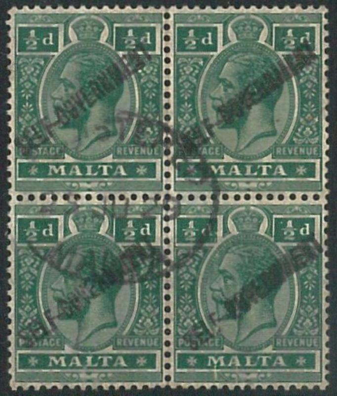 70582 -  MALTA - STAMPS - S Gibbons # 106 block of 4 BLURRED OVERPRINT -  USED