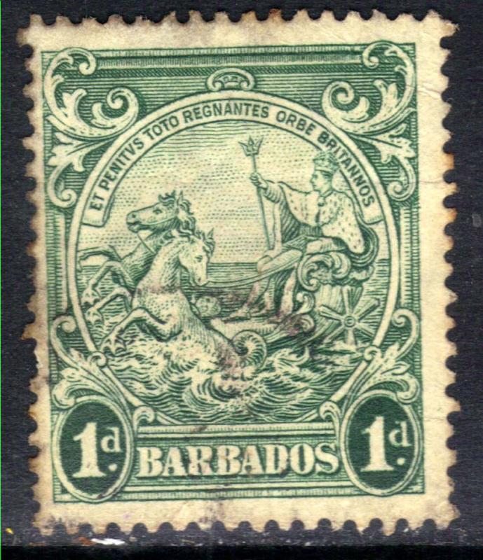 Barbados 1943 KGV1 1d Blue Green Colony Badge SG 249b used stamp ( C987)