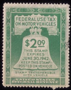 US Scott #RV1 $2.09 Motor Vehicle Use Revenue StampLight Green1942 Used