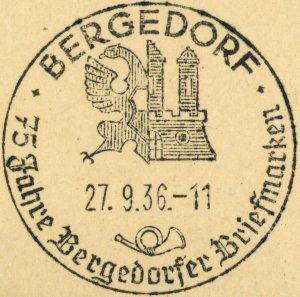 Germany Bergedorf 75th Postal Stamp Anniversary 1936 Exhibition Card Postmark