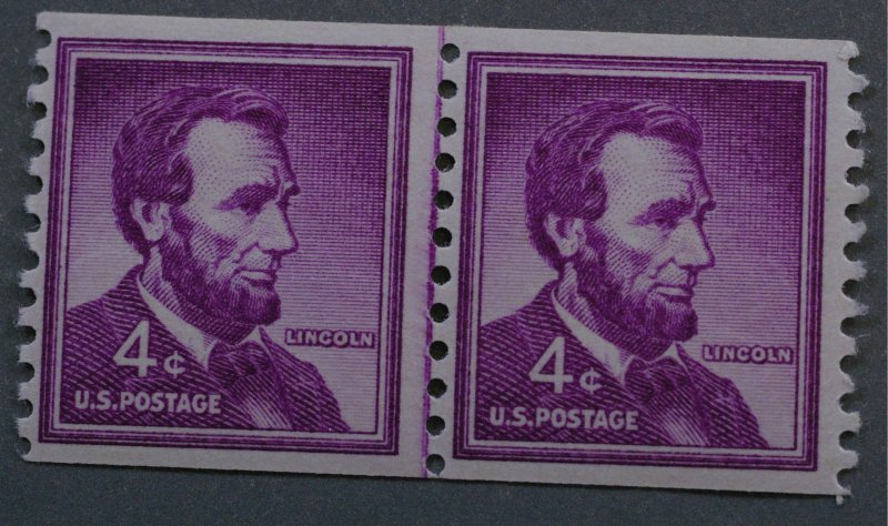 United States #1058 4 Cent Lincoln Coil Line Pair Large Holes MNH