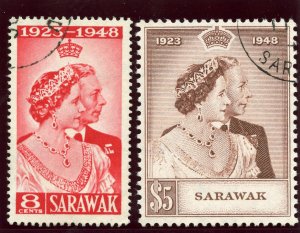 Sarawak 1948 KGVI Silver Wedding set complete VFU. SG 165-166. Sc 174-175.