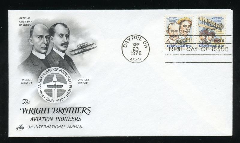 US C91,C92 31c Air Mail Wright Brothers & Flyer UA ArtCraft FDC