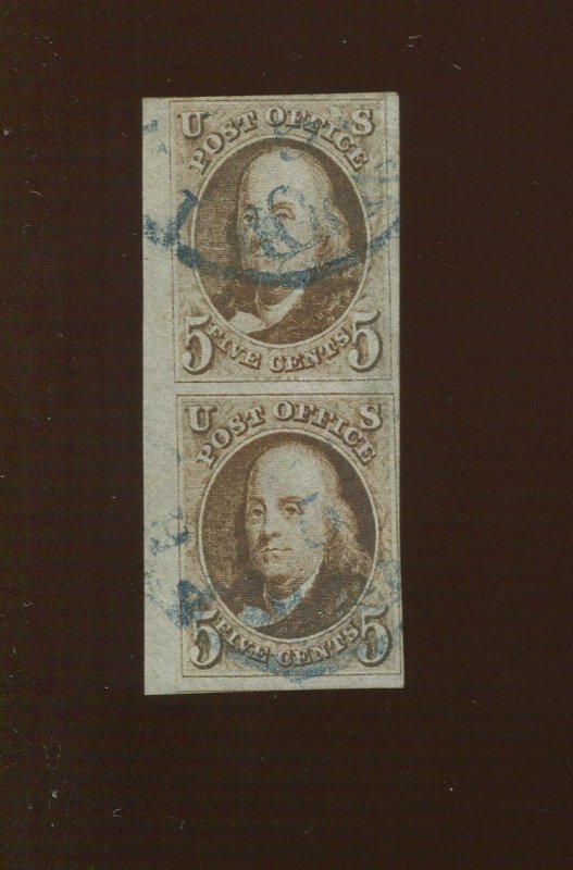 1 Franklin Used Vertical Right Margin Pair of Stamps with Blue Cancel & PF Cert