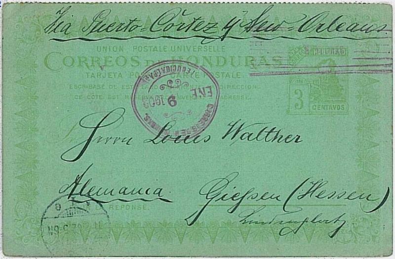 HONDURAS - POSTAL STATIONERY CARD to GERMANY 1908 - TRAINS