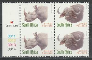 SOUTH AFRICA 1998 RHINO & BUFFALO AIRMAIL POSTCARD IMPERF BETWEEN BLOCK MNH **