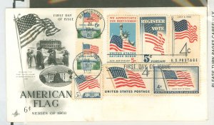 US 1338 1968 6c Flag over White House & 7 other Flag singles on an unaddressed & cacheted FDC