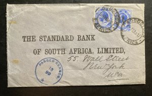 1917 Woodstock South Africa Cover To Standard Bank New York USA WAx Seal