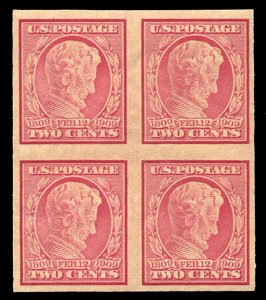 United States, 1904-9 #368 Cat$110, 1909 2c Lincoln, imperf. block of four, n...