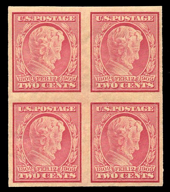 United States, 1904-9 #368 Cat$110, 1909 2c Lincoln, imperf. block of four, n...