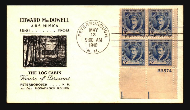 US SC# 882 FDC / Black Log Cabin Cachet / Plate Block - Z20784