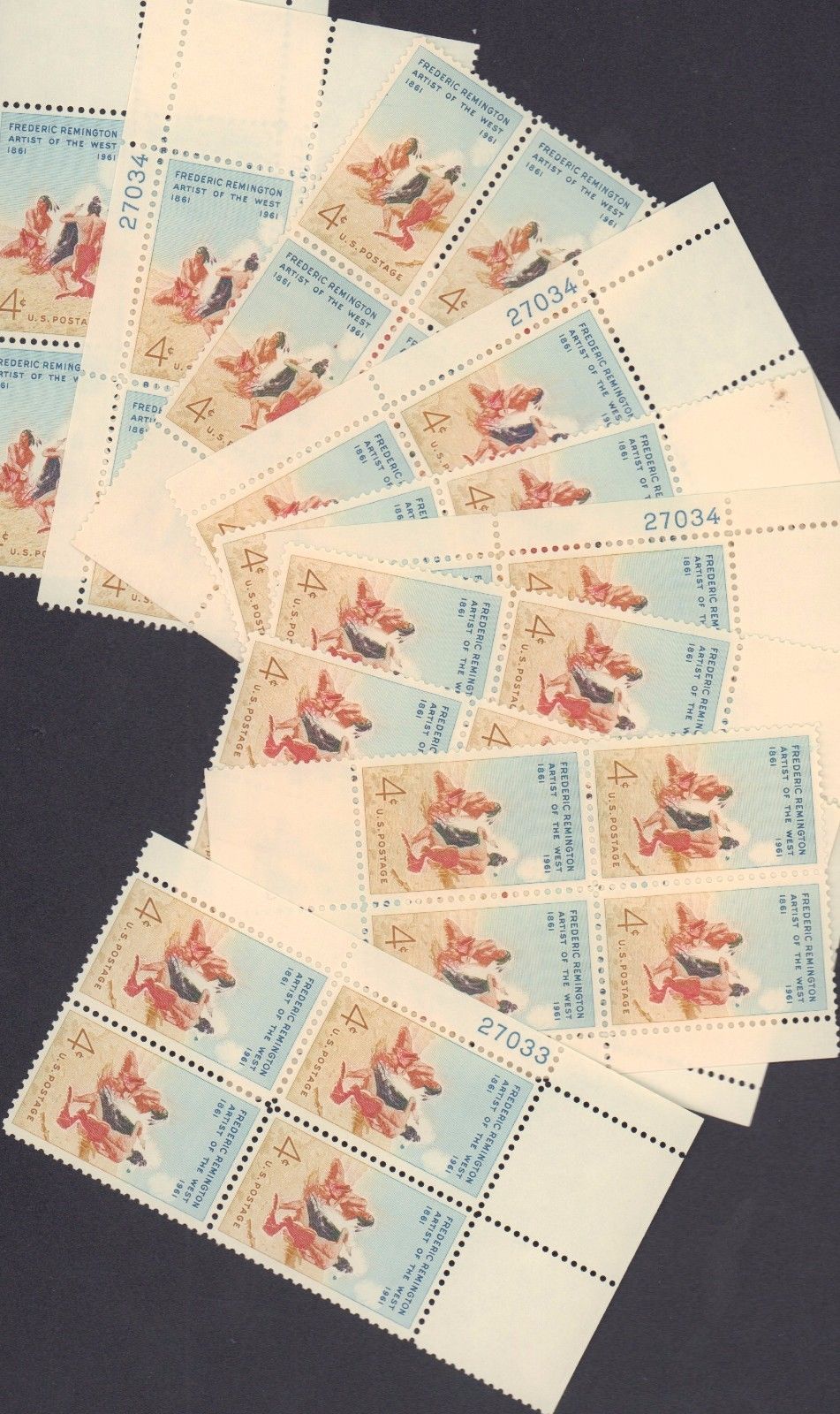 1187 Frederic Remington. 25 Plate Blocks of 4 cent stamps Issued in