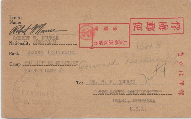 1943 U.S. POW in Philippines Camp #1 (Cabanatuan) to Omaha, Ne, fwd (C5899)