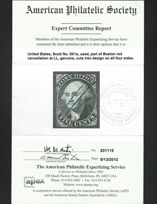 Scott #9X1e Fine-used. With 2012 APS certificate. SCV - $900.00