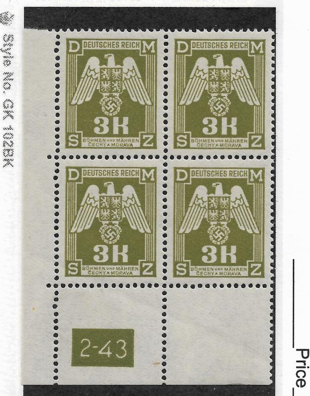 Bohemia & Moravia 1943,German occupation,top Value 3K plate Block Sc O22,MNH**