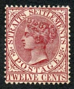 Straits Settlements SG67 12c Brown-purple Wmk Crown CA M/M Cat 95 Pounds