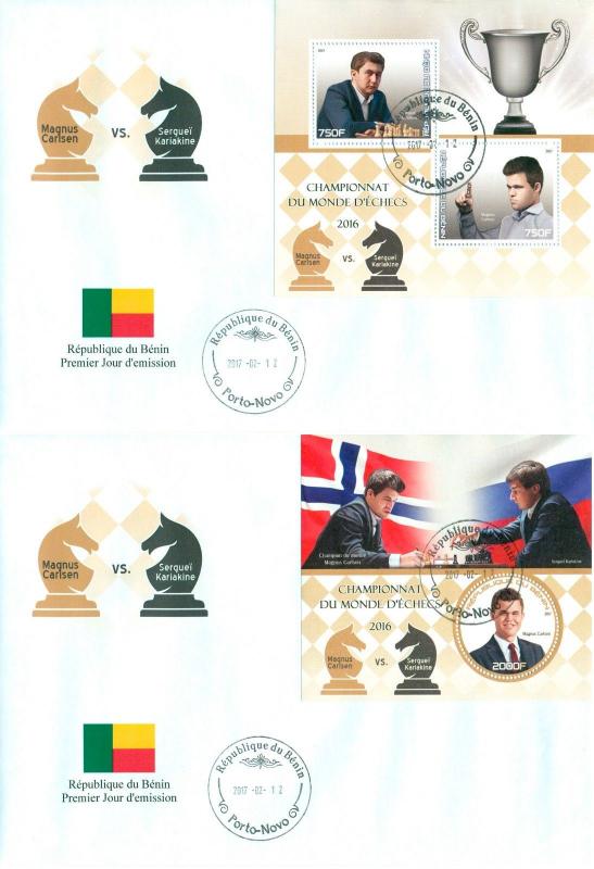 Chess World Champion Schach Echecs Magnus Carlsen Benin first day covers FDC set