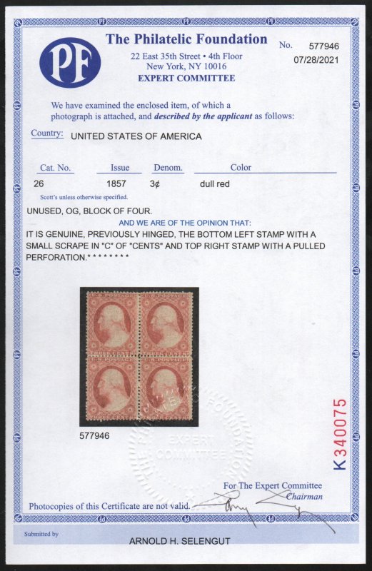 MALACK 26 VF OG H, block of 4, w/PF (07/21) CERT, sm..MORE.. gg3271