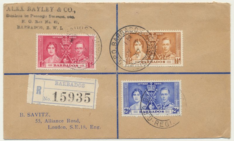 Barbados SG 245 - 247  Coronation -on cover  backstamped Plymouth Hoe see scans