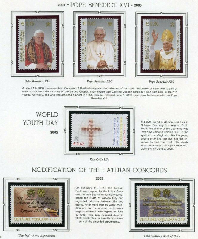 VATICAN CITY 2005  COMPLETE YEAR SET STAMPS WITH BOOKLET  MINT NH ON ALBUM PAGES