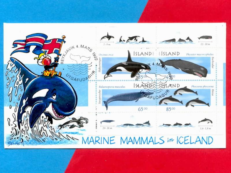 Sextet of Happy Whales Cavorts on Iceland Souvenir Sheet FDC!  Puffin Cachet!
