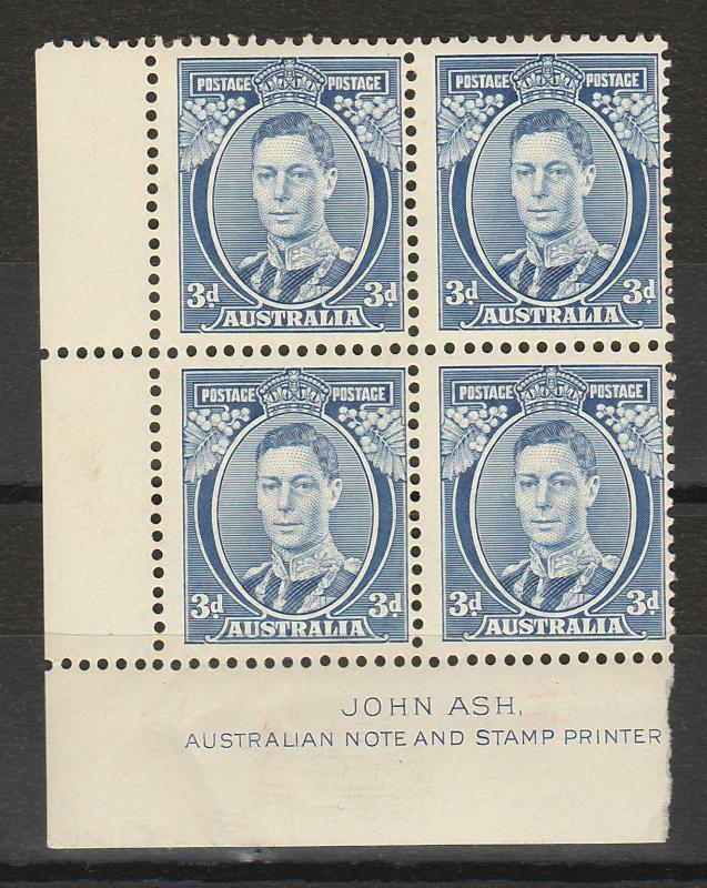 AUSTRALIA 1937 KGVI 3D DIE II IMPRINT BLOCK 